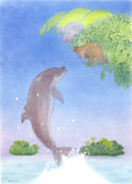 イルカのイラスト、さよならまたあした　　ハンドウイルカと、おサルさんの子供