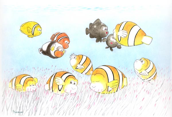 題名:「The anemonefish」 クマノミのパステル＆色鉛筆イラスト