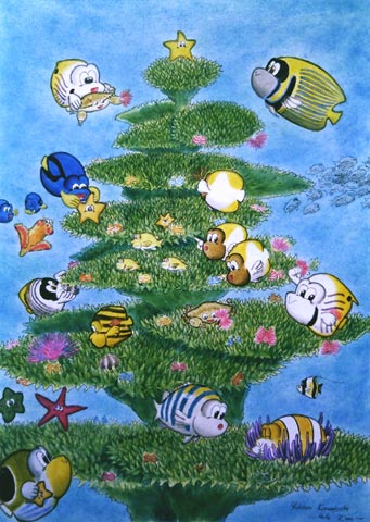 題名 海の中のクリスマスイブ パステル 色鉛筆イラスト